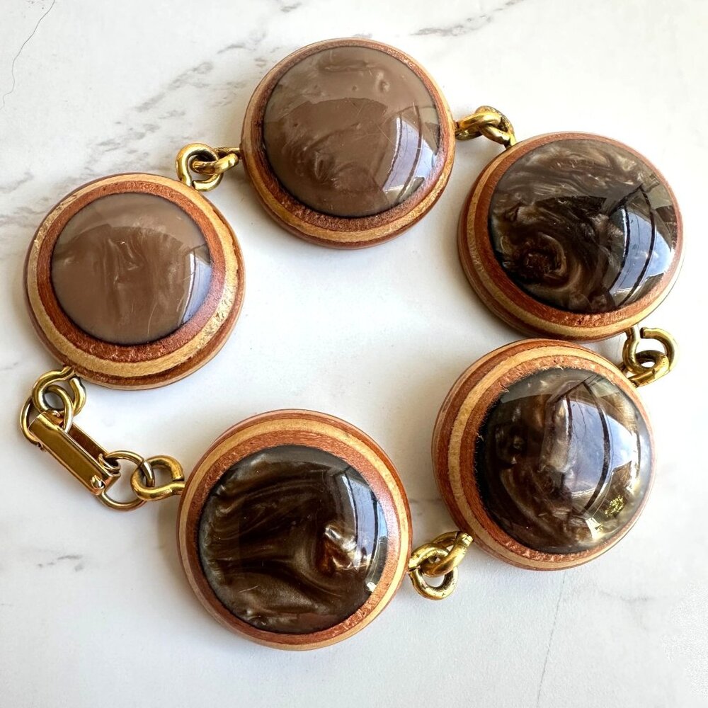 Vintage 1970s Resin & Wood Bracelet, 8” Modernist Studio Jewelry